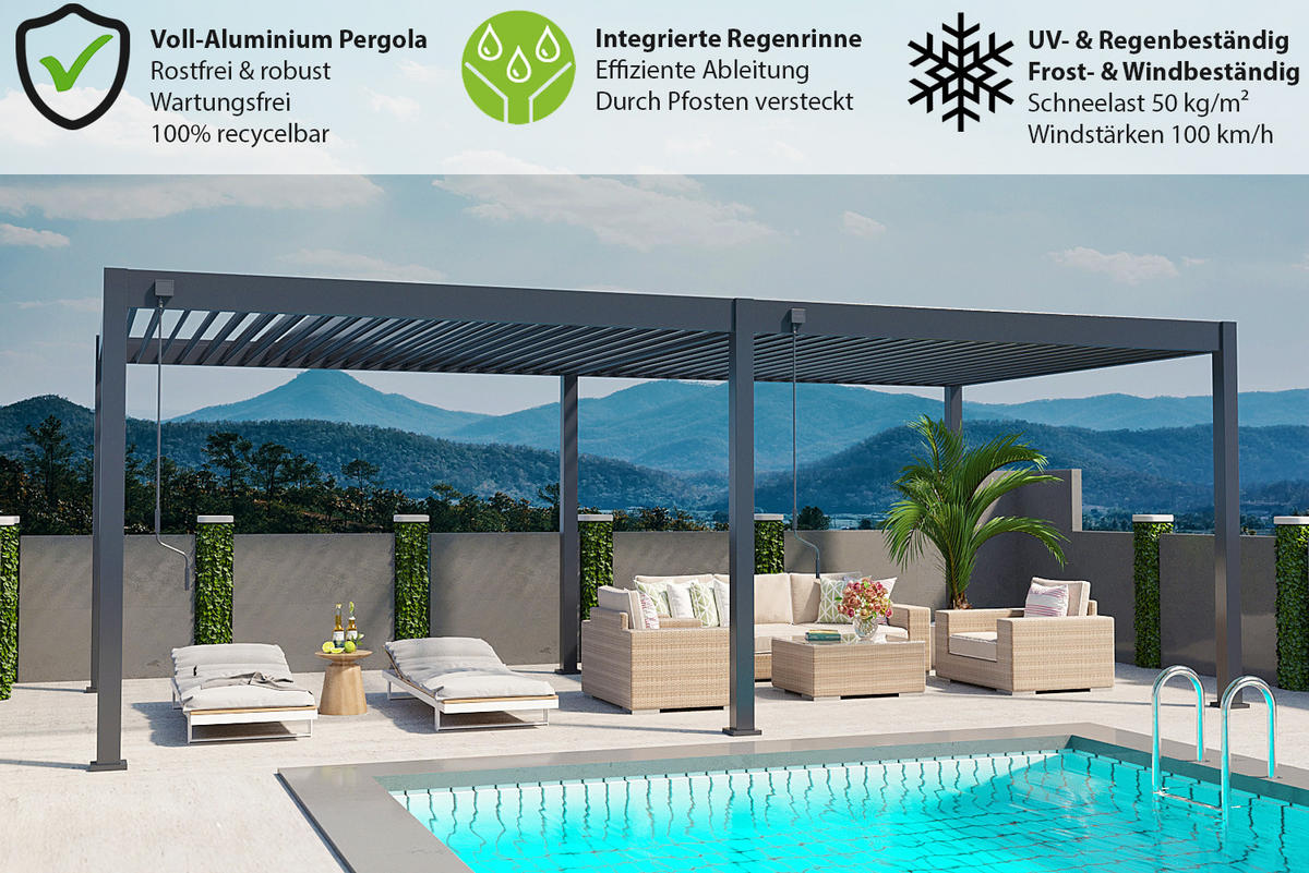 PERGOLA Deluxe Pavillon Terrassenüberdachung Aluminium 3,6 x 7,2 m anthrazit - Anthrazit, Metall (360/255/720cm) - WEIDE