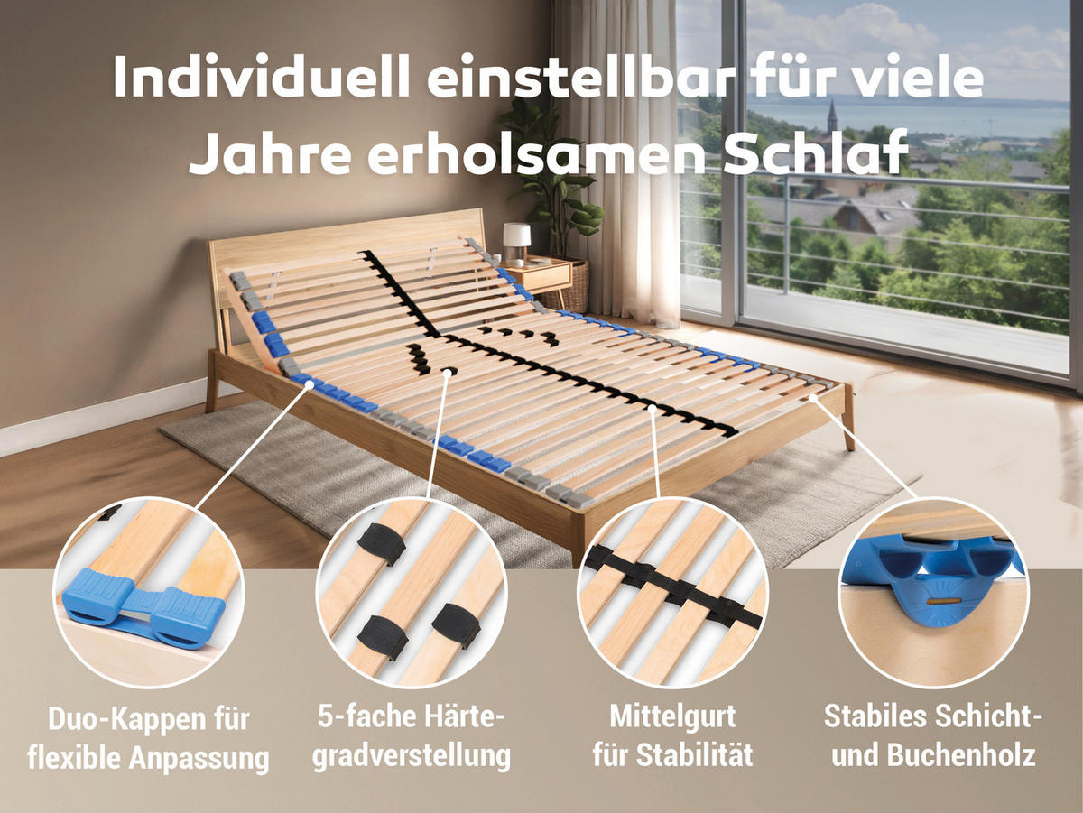 LATTENROST Madera, 7 Zonen, zur Selbstmontage, Größe: 100x190 - Kopfteilverstellung - Braun, Holz (100/190cm) - Betten-ABC