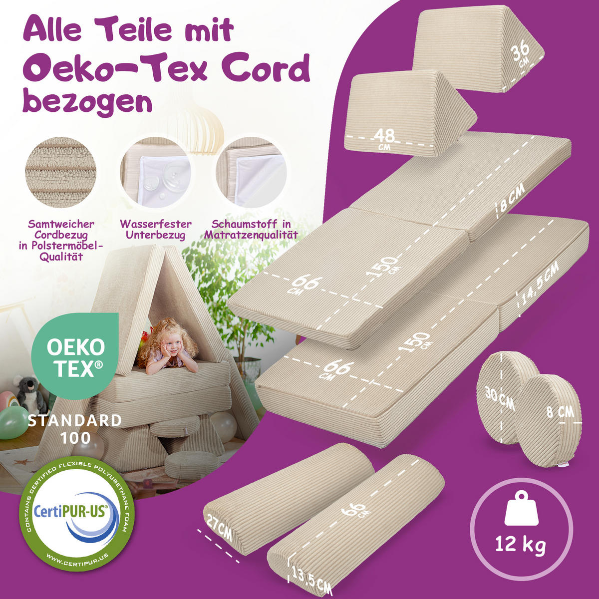 SPIELSOFA Kinder Fantasiewelt 8tlg - Beige, Textil (150/55/66cm) - Linodino