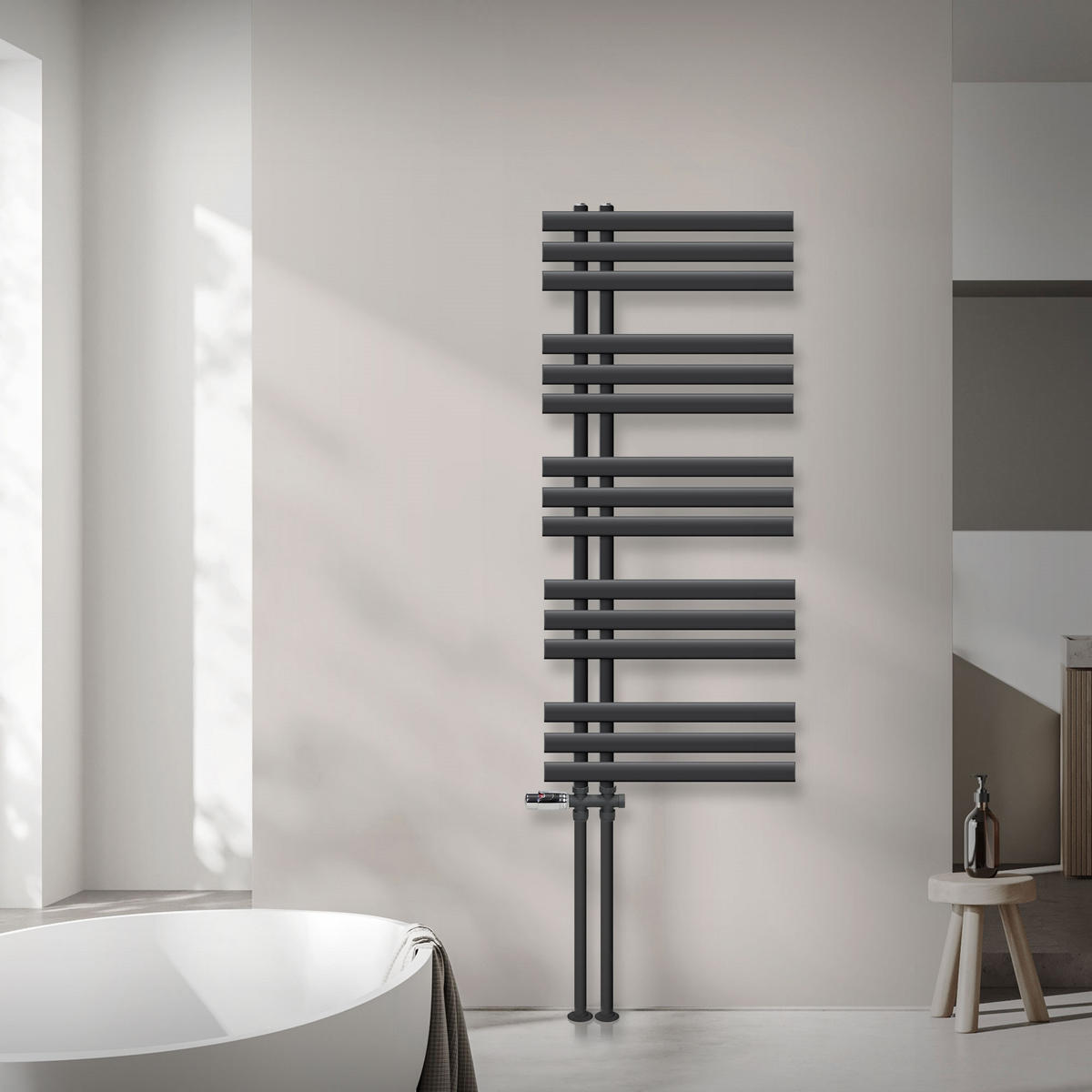 KOUPELNOVÝ radiátor Iron EM 500 x 1200 mm antracitový s průchozím ventilem - antracitová, kov (50/120/3cm) - LuxeBath