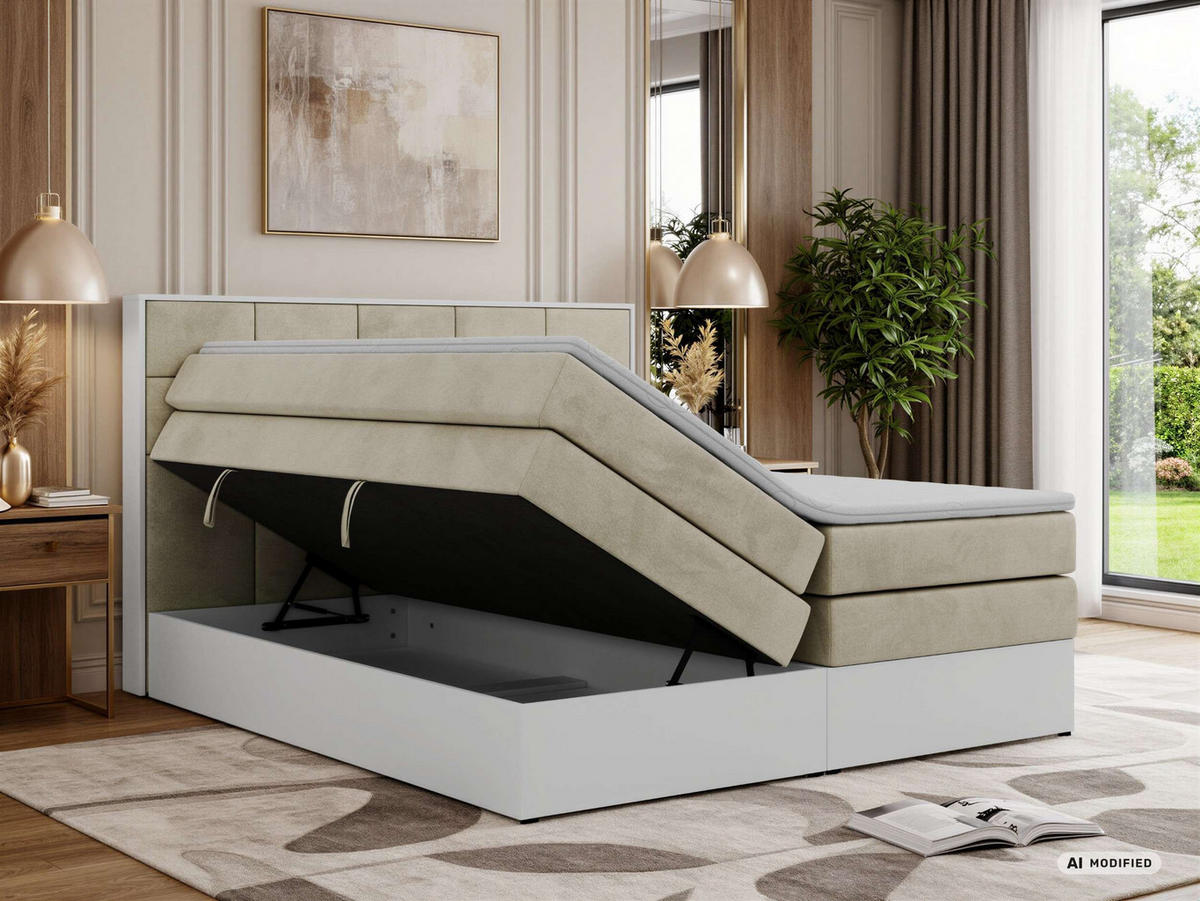 BOXSPRINGBETT ALVIT KING 200/200 - Beige Velvet - Topper Visco - H3 - Beige/Schwarz, Kunststoff/Textil (200/200cm) - MKS