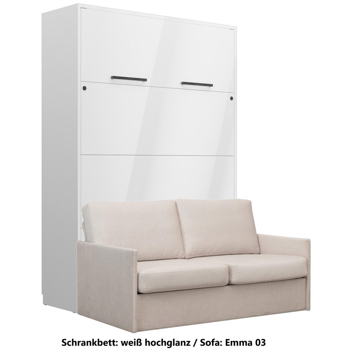 SCHRANKBETT Wandbett GN 140x200 weiß hochglanz mit LED & Sofa - Beige - Weiß Hochglanz/Beige, Holz/Holzwerkstoff (140/200cm) - QMM TraumMöbel