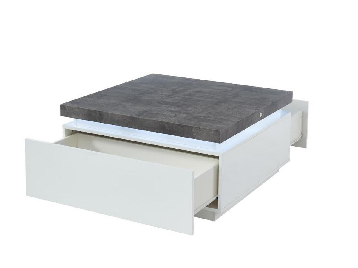 COUCHTISCH mit 2 Schubladen & LEDs - MDF lackiert - Weiß & Beton-Optik- HALO II - Grau, Holz (90/90/45cm) - Vente-Unique