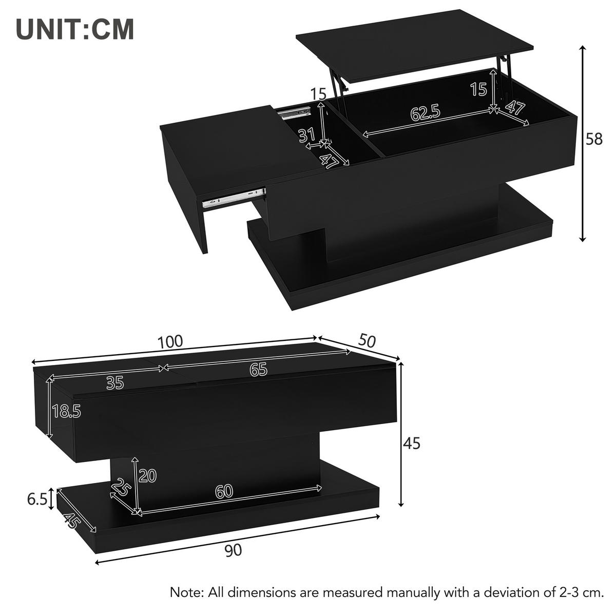 COUCHTISCH, Hochglanz schwarz, hydraulisch liftbar, Platte seitlich verschiebbar, mit LED & Stauraum, 100/50/45 cm,schwarz - Schwarz, Holzwerkstoff (100/50/45cm) - Redom