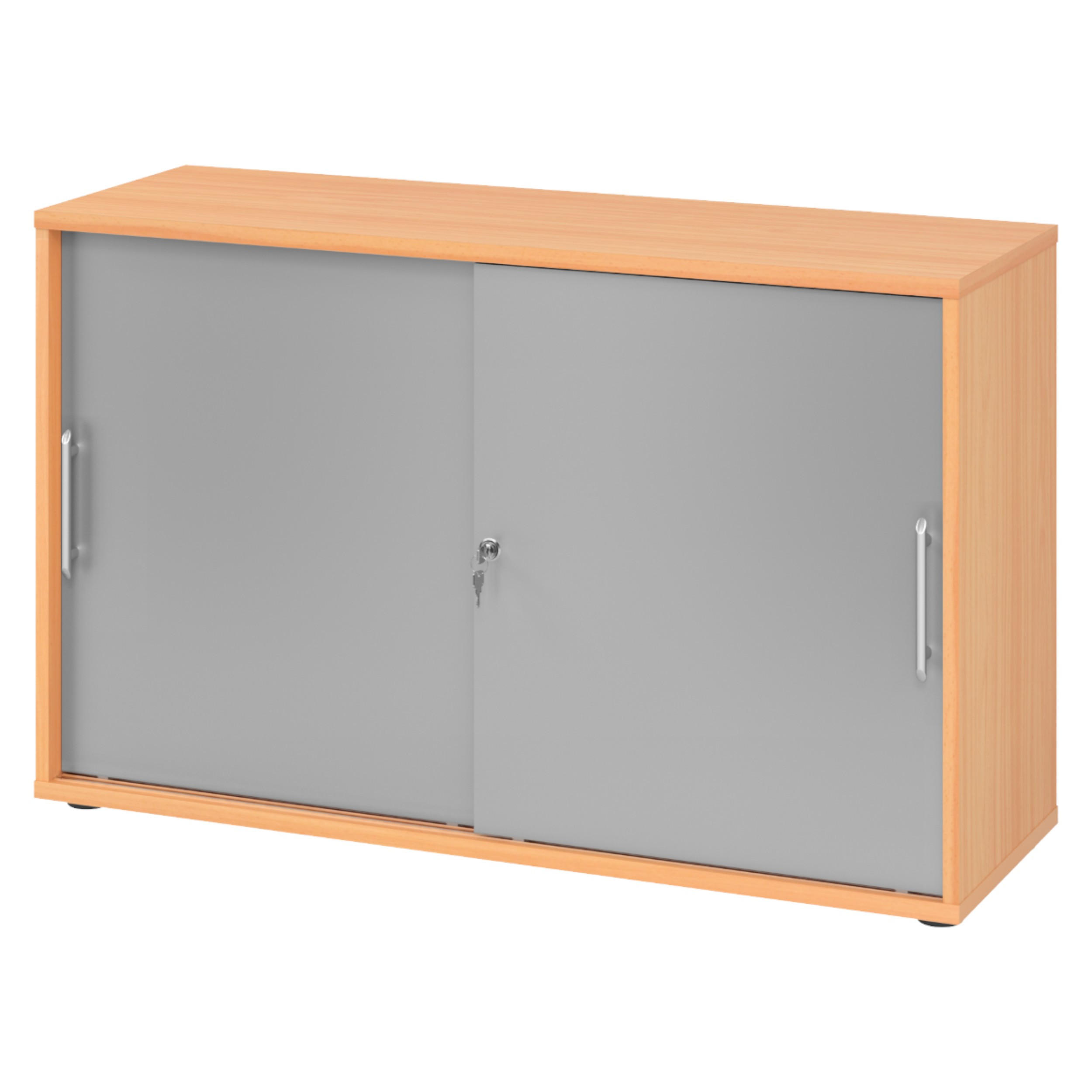 SCHIEBETÜRENSCHRANK - 2 Ordnerhöhen 40/120/74,8 cm in Buchefarben/Silberfarben Relinggriff (Kunststoff) - Buchefarben/Silberfarben, Holzwerkstoff (120/74.8/40cm) - bümö