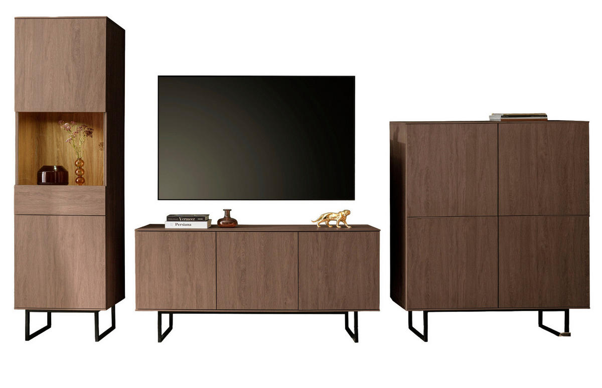 WOHNWAND in Nussbaum 3-teilig 353 cm, Komplett-Set mit Push-to-Open - Nussbaumfarben/Schwarz, Holzwerkstoff/Metall (353/200/40cm) - Furn.Design