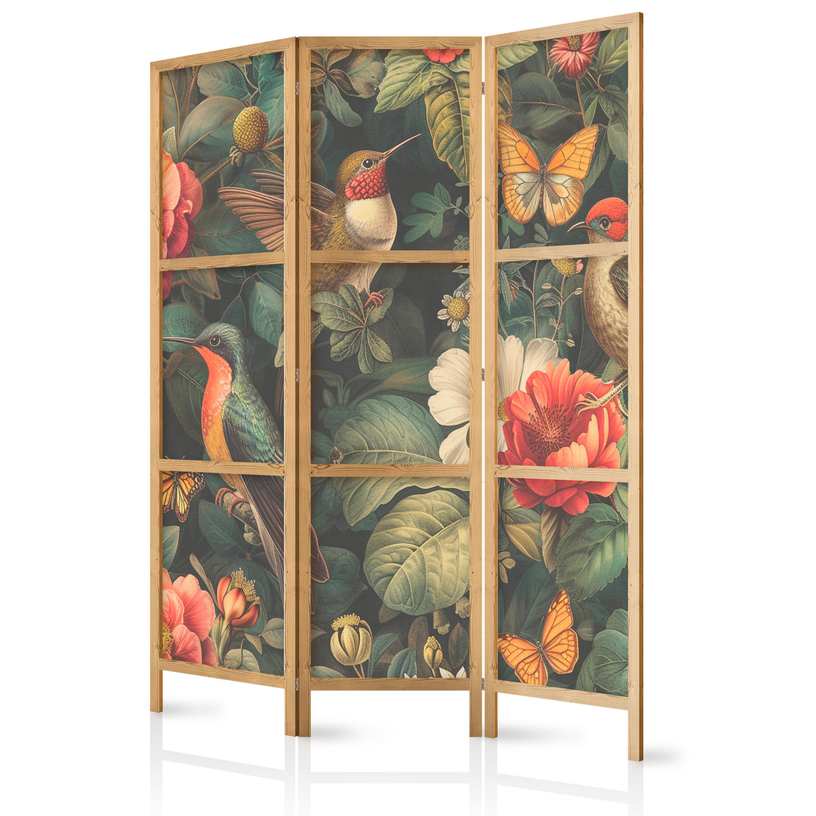 PARAVENT Japanischer 3-tlg 135x172 cm Blumen Und V gel - Multicolor, Holz/Textil (135/172/3cm) - Muralo