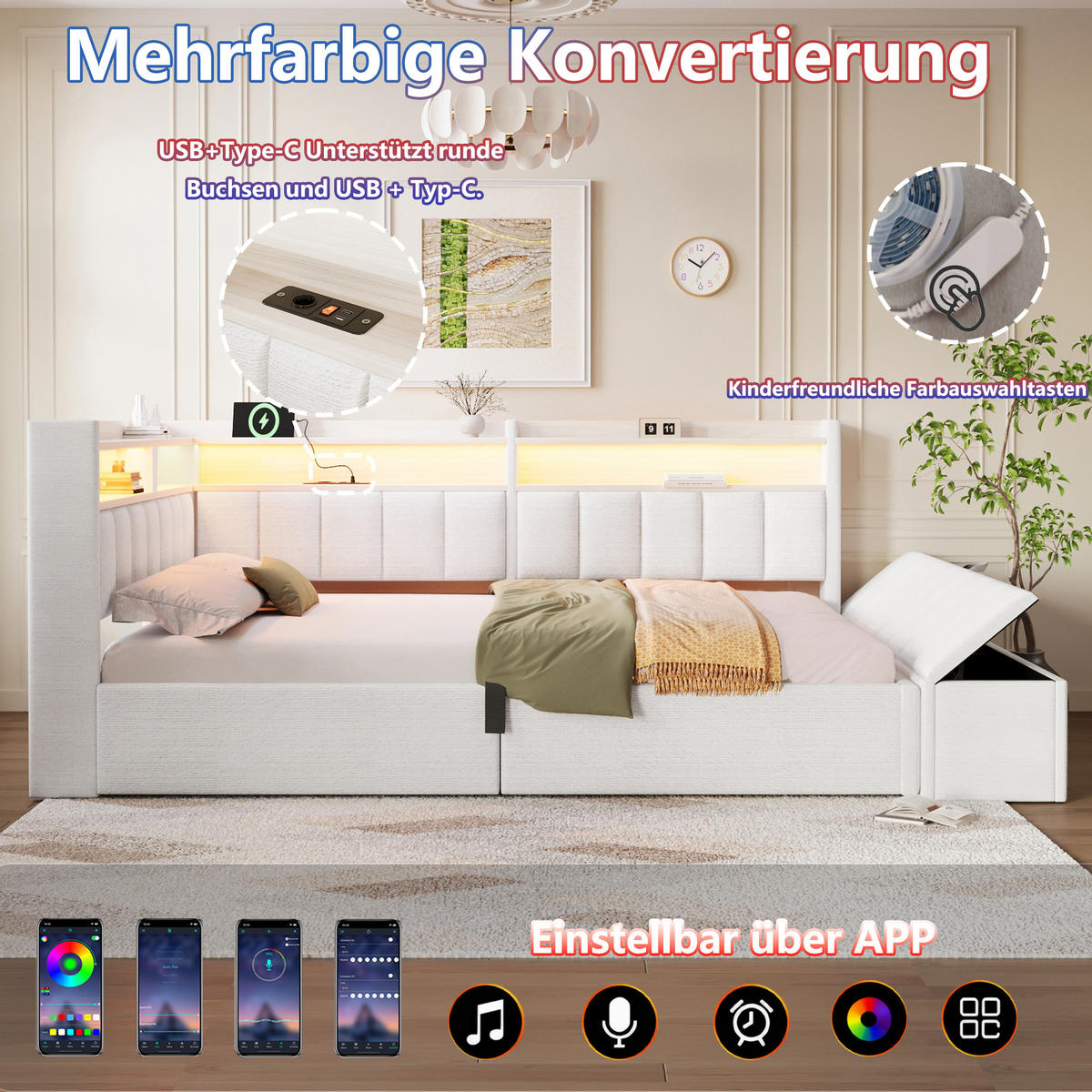 TAGESBETT 140 x 200 cm, Cremeweiß, Samt, LED, USB - Beige, Textil (140/200cm) - FLIEKS