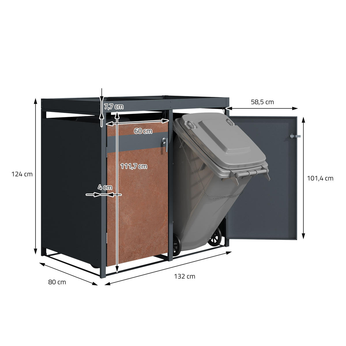 MÜLLTONNENBOX 4er mit Pflanzdach Anthrazit-Rostoptik - Rotbraun, Metall (80/124/264cm) - ML-DESIGN