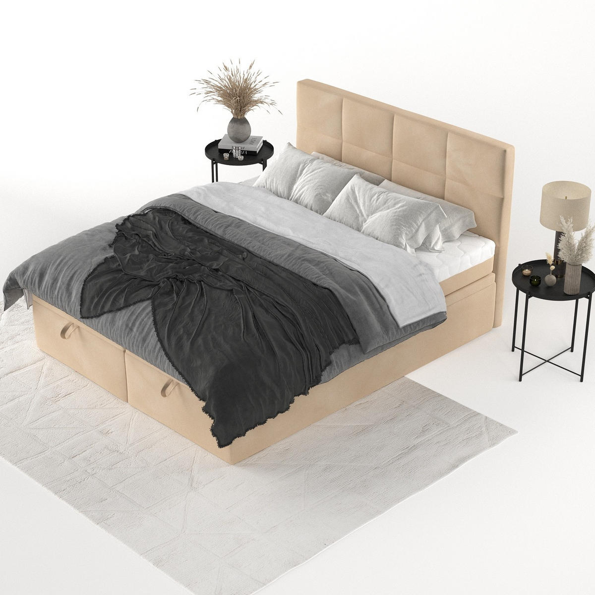 BOXBETT Tessa 200/200 cm Beige im Kronos Stoff - Beige/Schwarz, Holz/Holzwerkstoff (200/200cm) - AltaBeds