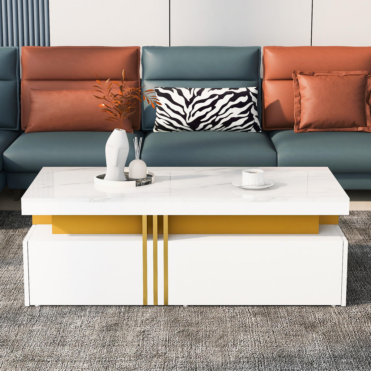 COUCHTISCH Weiß 100/50/40 cm mit Marmoroptik - Weiß, Holzwerkstoff (50/100/40cm) - PANGIVO