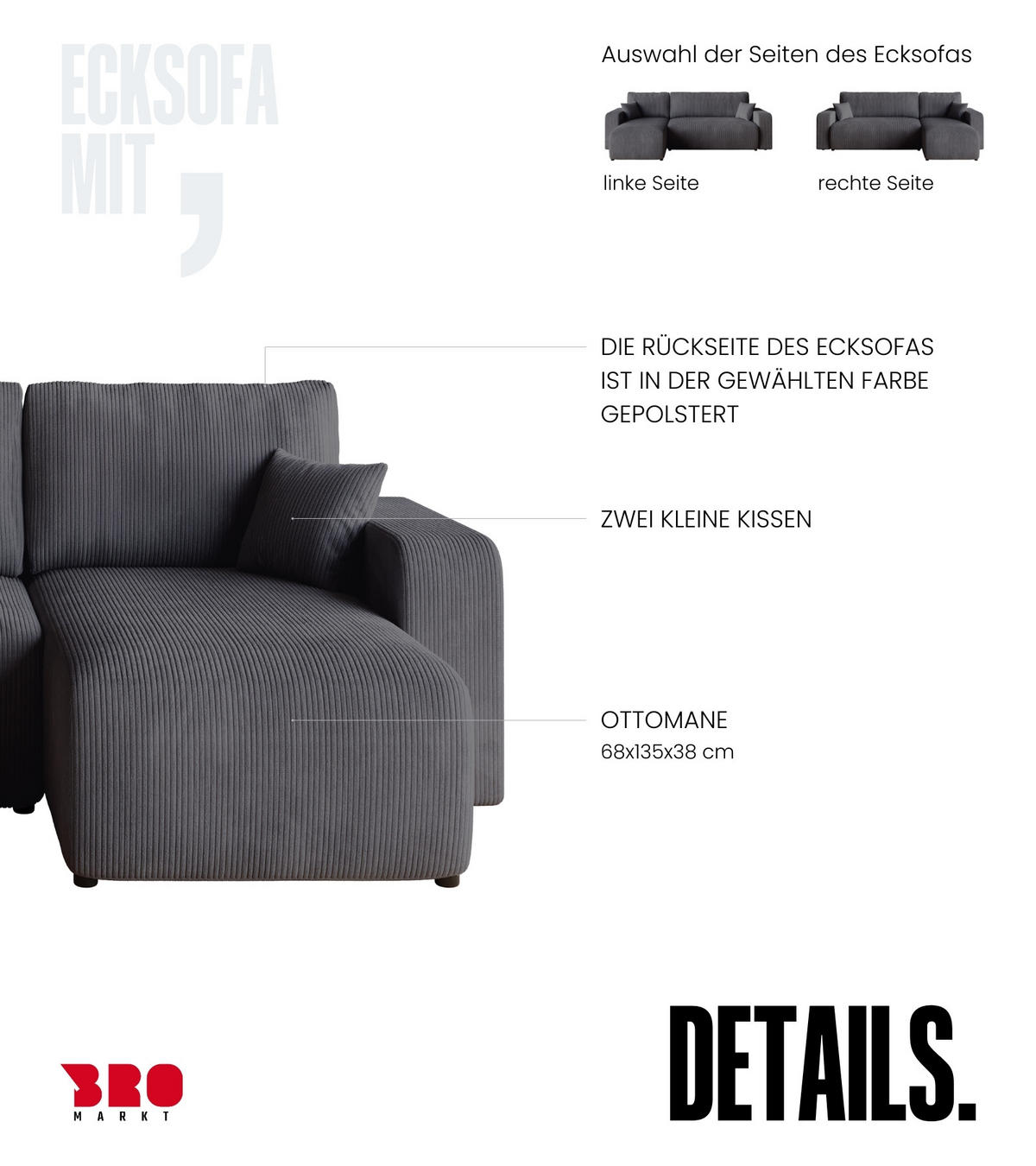 ECKSOFA PUMI mit Schlaffunktion Grau Cord - Grau, Textil (244/148cm) - Bromarkt