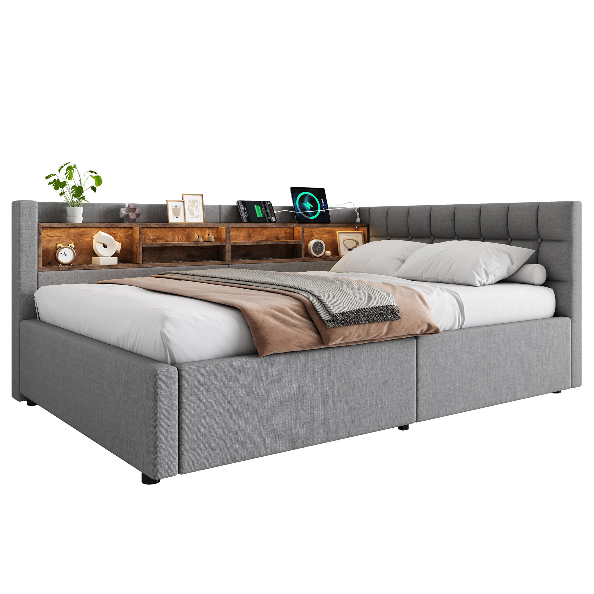 TAGESBETT 140x200cm Schlafsofa Hydraulik LED USB Grau - Grau, Naturmaterialen (140/200cm) - FLIEKS