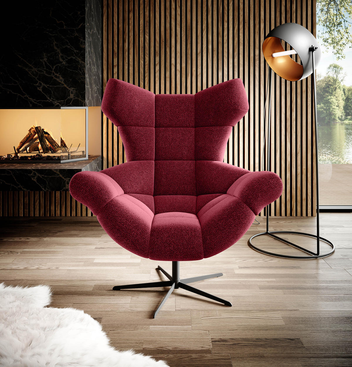 SESSEL SENSI Relaxstuhl mit 360° Drehung und Schwingfunktion – Lux-Schaumkissen, Bordeaux, 104x46x119 cm - Rot/Schwarz, Holz/Textil (104/119/84cm) - DomoHome