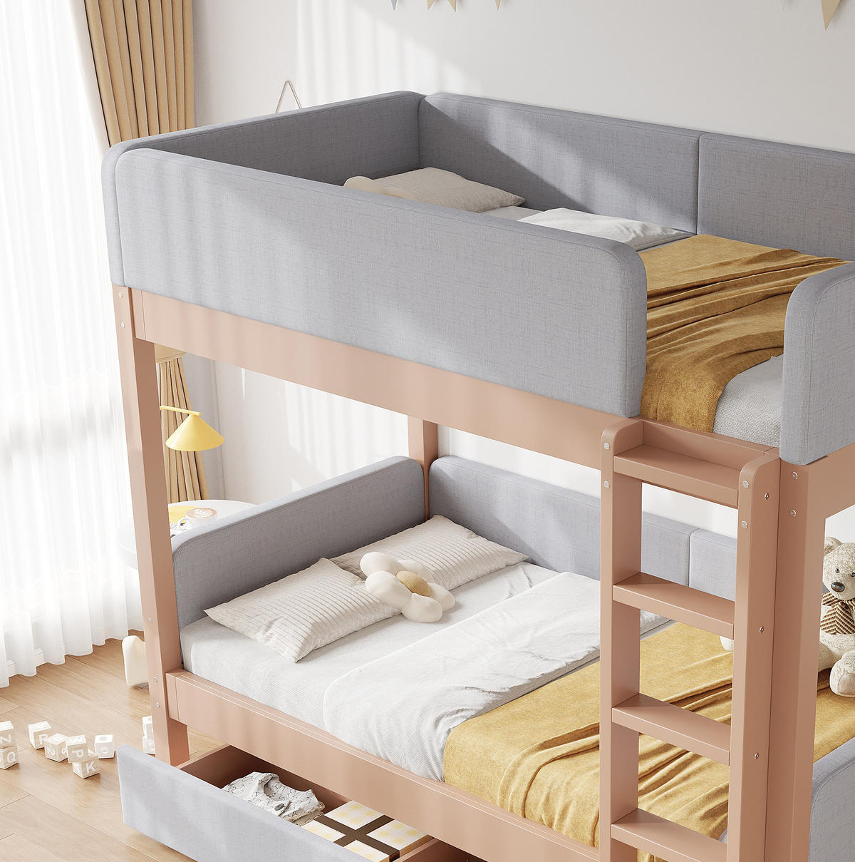 ETAGENBETT 90/200 cm Grau/Natur mit 2 Schubladen und gerader Treppe - Grau, Holz (90/200cm) - Flora Grace