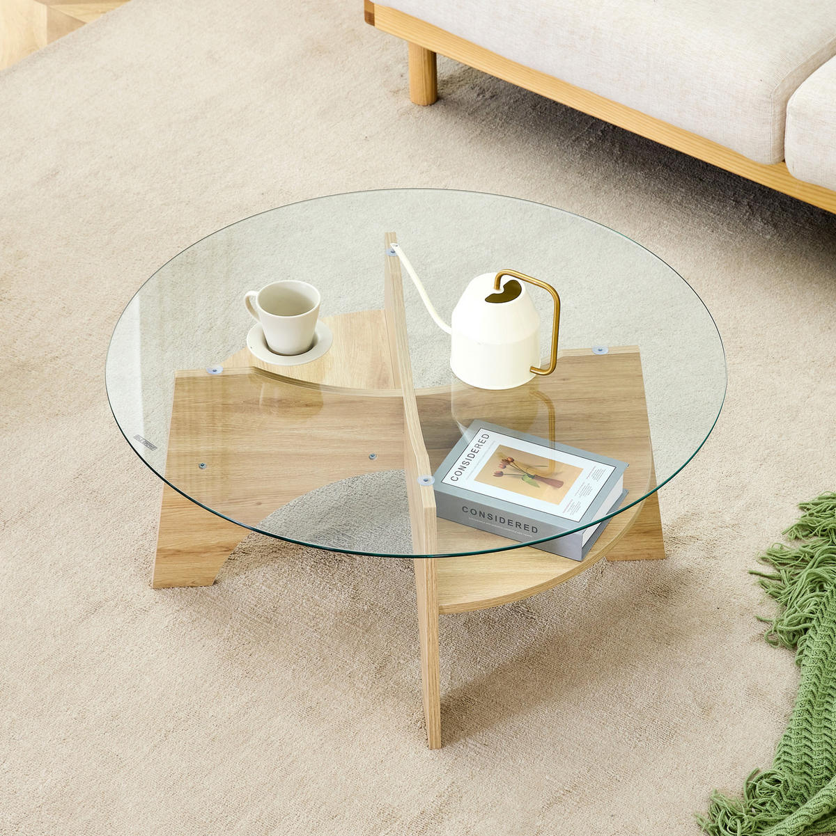 COUCHTISCH 80 cm aus Glas und MDF in Holzoptik – rund, modern und stabil - Naturfarben, Holzwerkstoff (80/80/36cm) - BEAOK