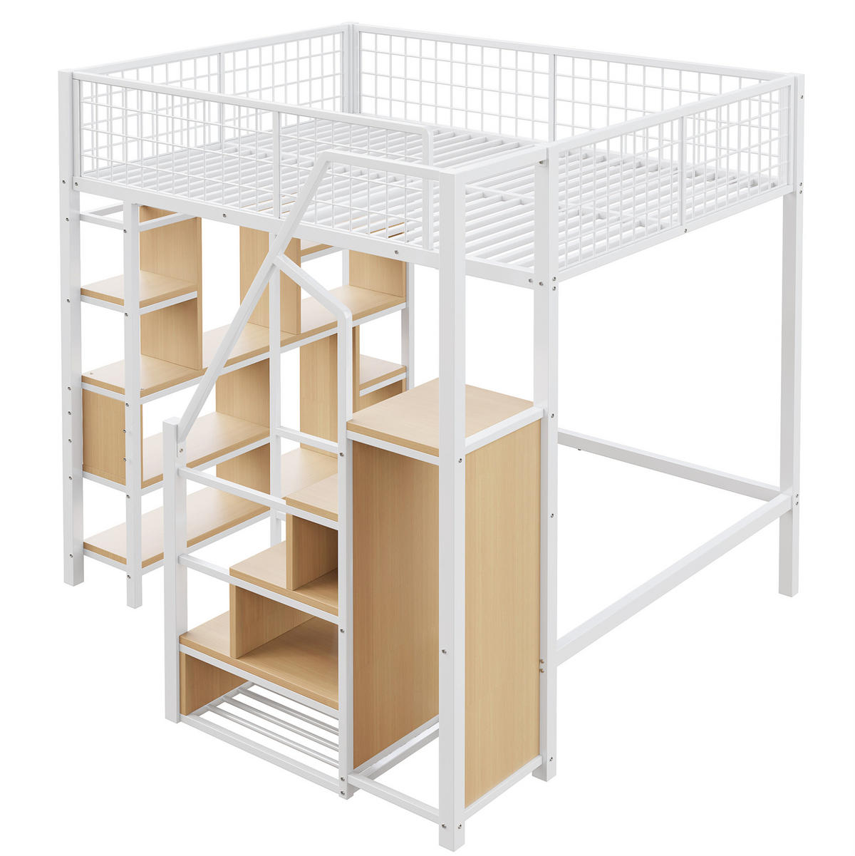 HOCHBETT 140/200 cm in Weiß mit Stauraumtreppe und Regalfächern aus Metall - Weiß, Metall (140/200cm) - BEAOK