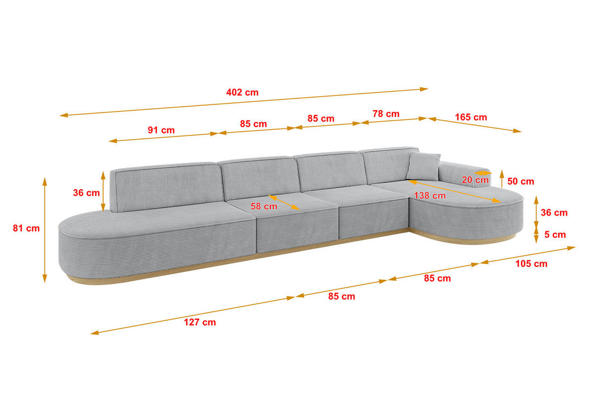 ECKSOFA Ottomane Rechts MARI-L3-v2 - 413x171x83 cm Grau Cord - Grau, Holzwerkstoff/Textil (171/413cm) - ALTDECOR