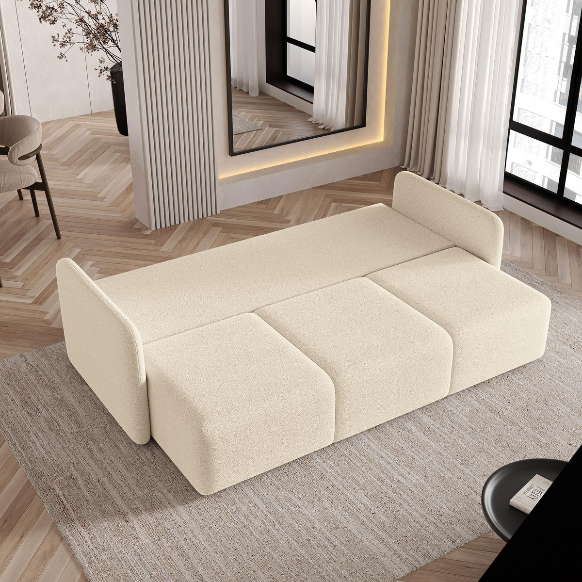 BETTSOFA SUVI III Q Creme Bucle-Stoff mit Schlaffunktion - Creme, Textil (220/85/90cm) - MASSENO