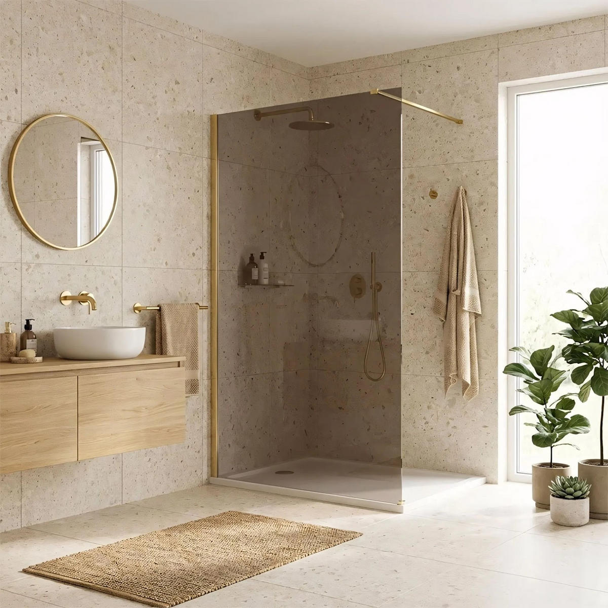 DUSCHWAND Rea Flexi Brown / Brush Gold 110 - Goldfarben, Glas (120/110/195cm) - REA