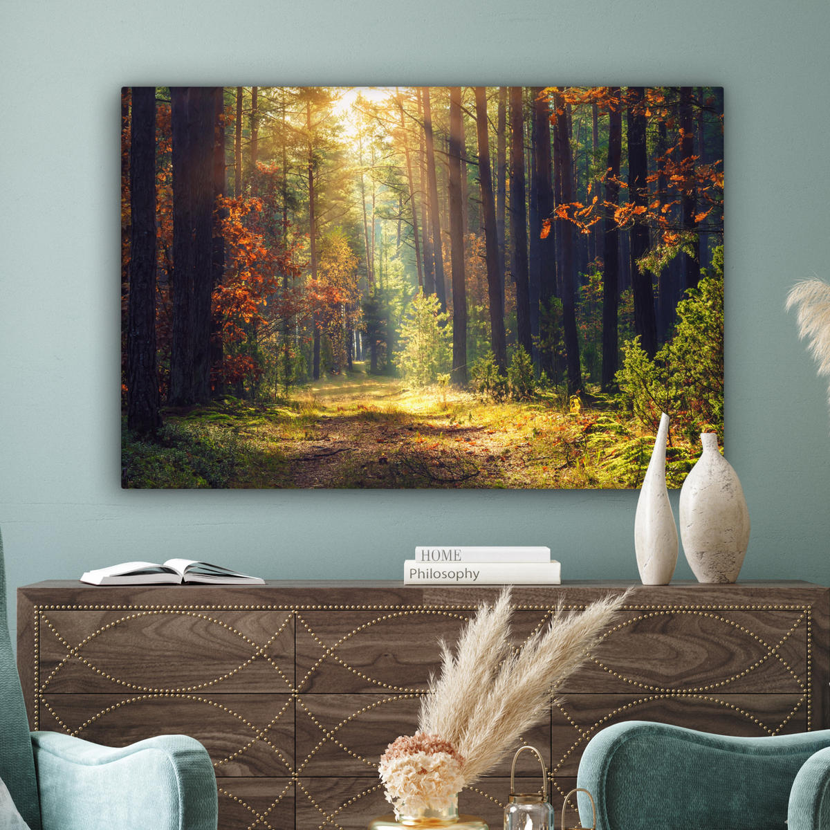 LEINWANDBILD Wald - Herbst - Bäume Wohnzimmer 120x80 cm - Dunkelgrün, Textil (120/80cm) - MuchoWow