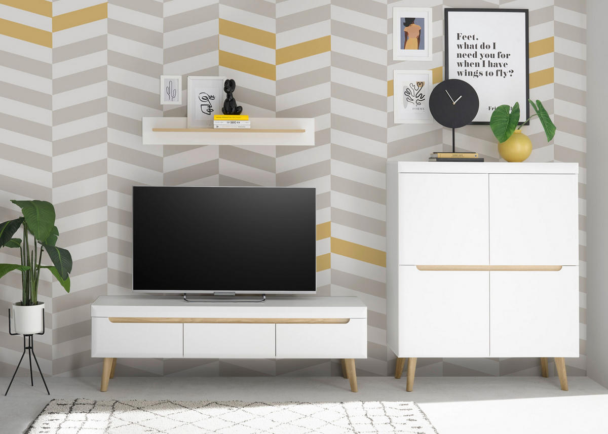 WOHNWAND 3-teilig weiß matt, Eiche, skandinavisch 287 cm, Schrankwand mit Soft-Close - Eichefarben/Weiß, Eichenholz/Holz (287/170/40cm) - Furn.Design