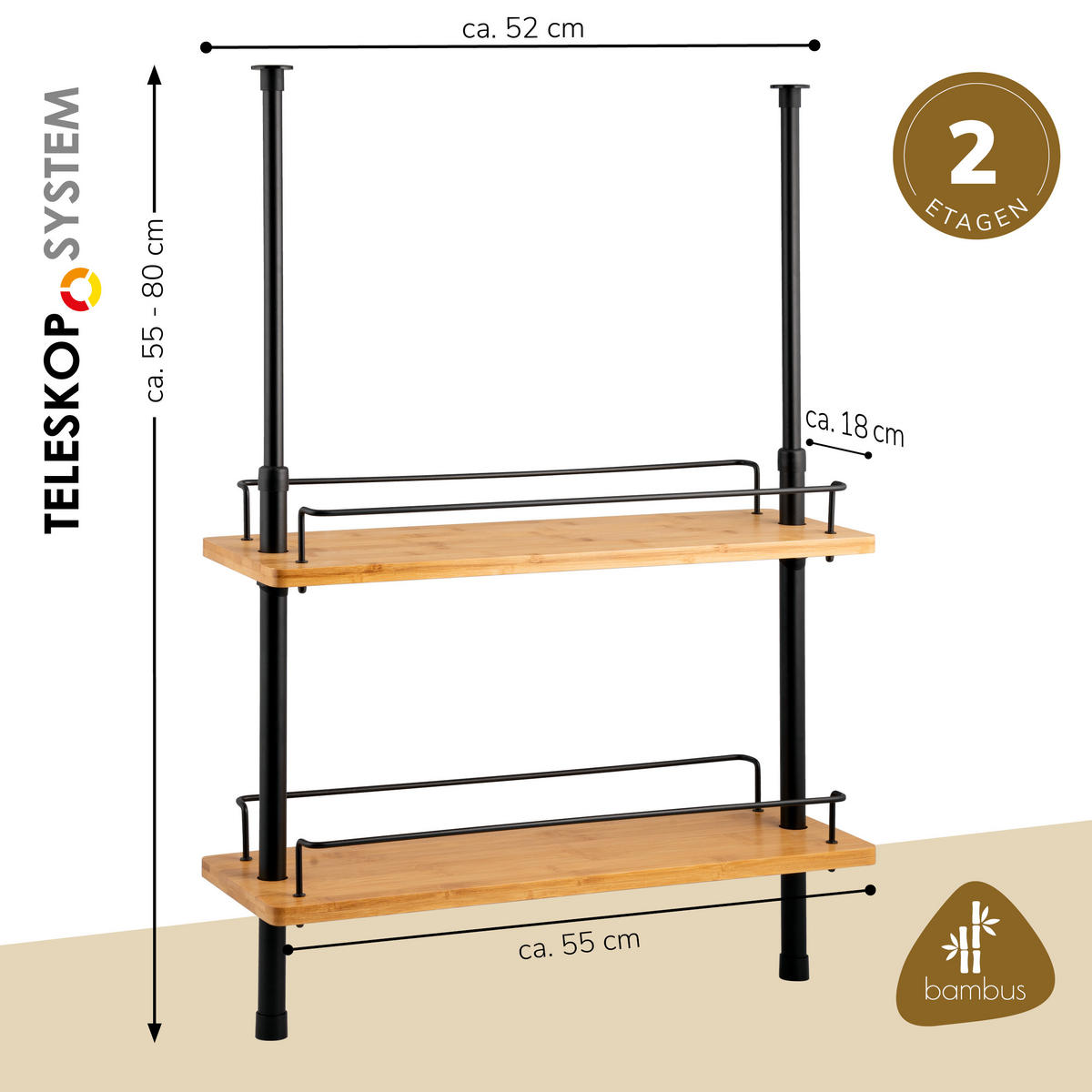 TELESKOP-REGAL, schwarz - Schwarz, Metall (55/80/18.5cm) - bremermann