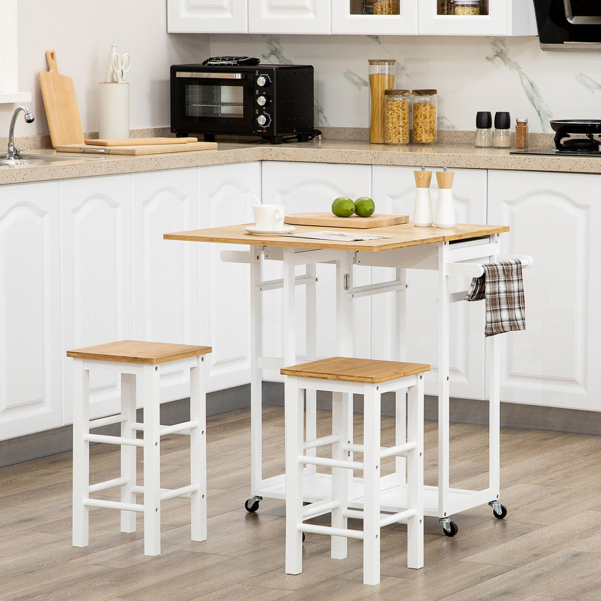 BARTISCH-SET DE-14713 klappbar mit Rollen & 2 Hockern Weiß/Hellholz - Weiß, Metall (86/75.5/83.5cm) - ComfortXL