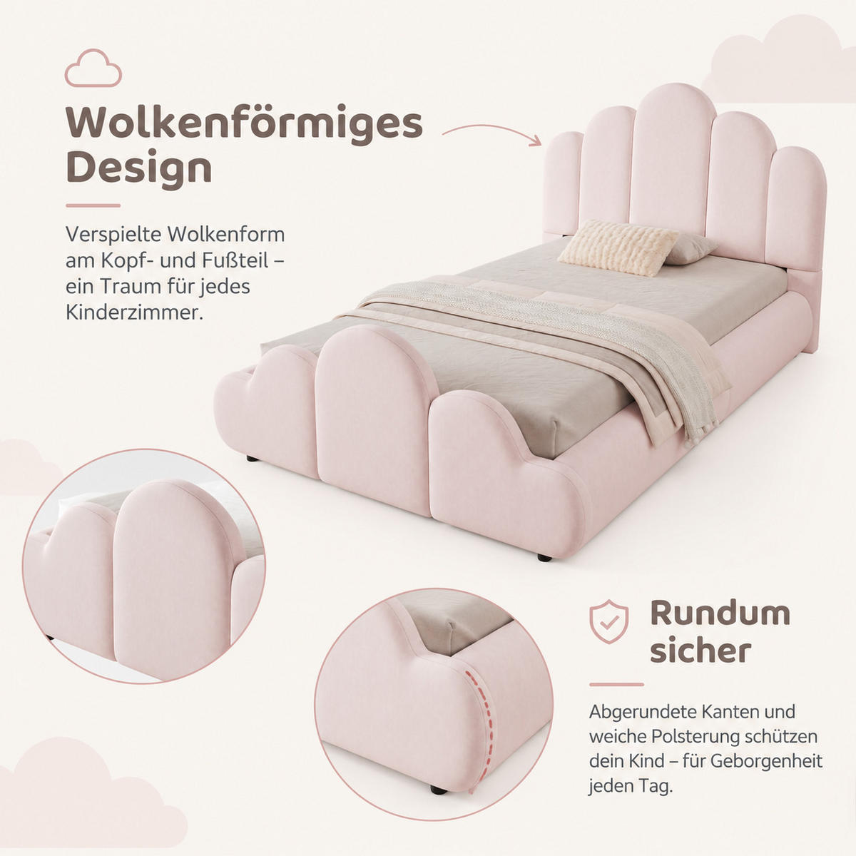 POLSTERBETT 90/200 cm in Rosa mit gepolstertem Kopfteil, abgerundeten Ecken und Stauraum aus Samt - Schwarz/Rosa, Holzwerkstoff/Textil (90/200cm) - STILVORA