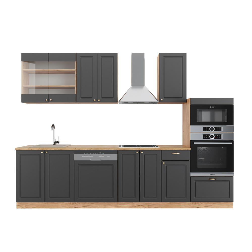 KÜCHENZEILE Fame-Line Anthrazit Landhaus/Goldkraft Eiche 300 cm ohne AP - Honigeiche/Anthrazit, Holzwerkstoff (300/81.6/46cm) - Vicco