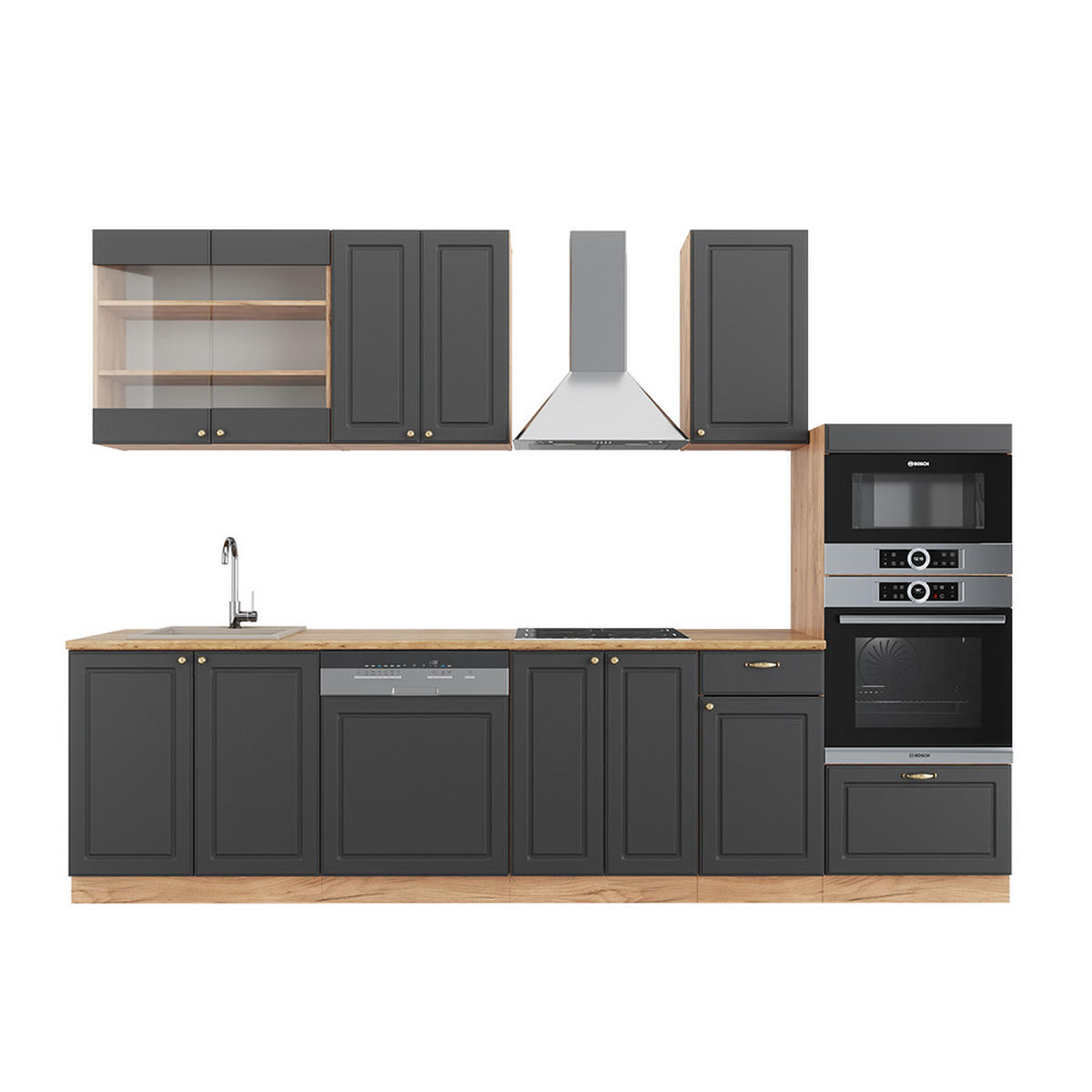 KÜCHENZEILE Fame-Line Anthrazit Landhaus/Goldkraft Eiche 300 cm ohne AP - Honigeiche/Anthrazit, Holzwerkstoff (300/81.6/46cm) - Vicco