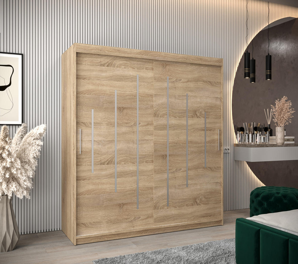 SCHWEBETÜRENSCHRANK 200/180/62 2-türig - Silberfarben/Sonoma Eiche, Holz/Kunststoff (180/200/62cm) - Abiks Möbel