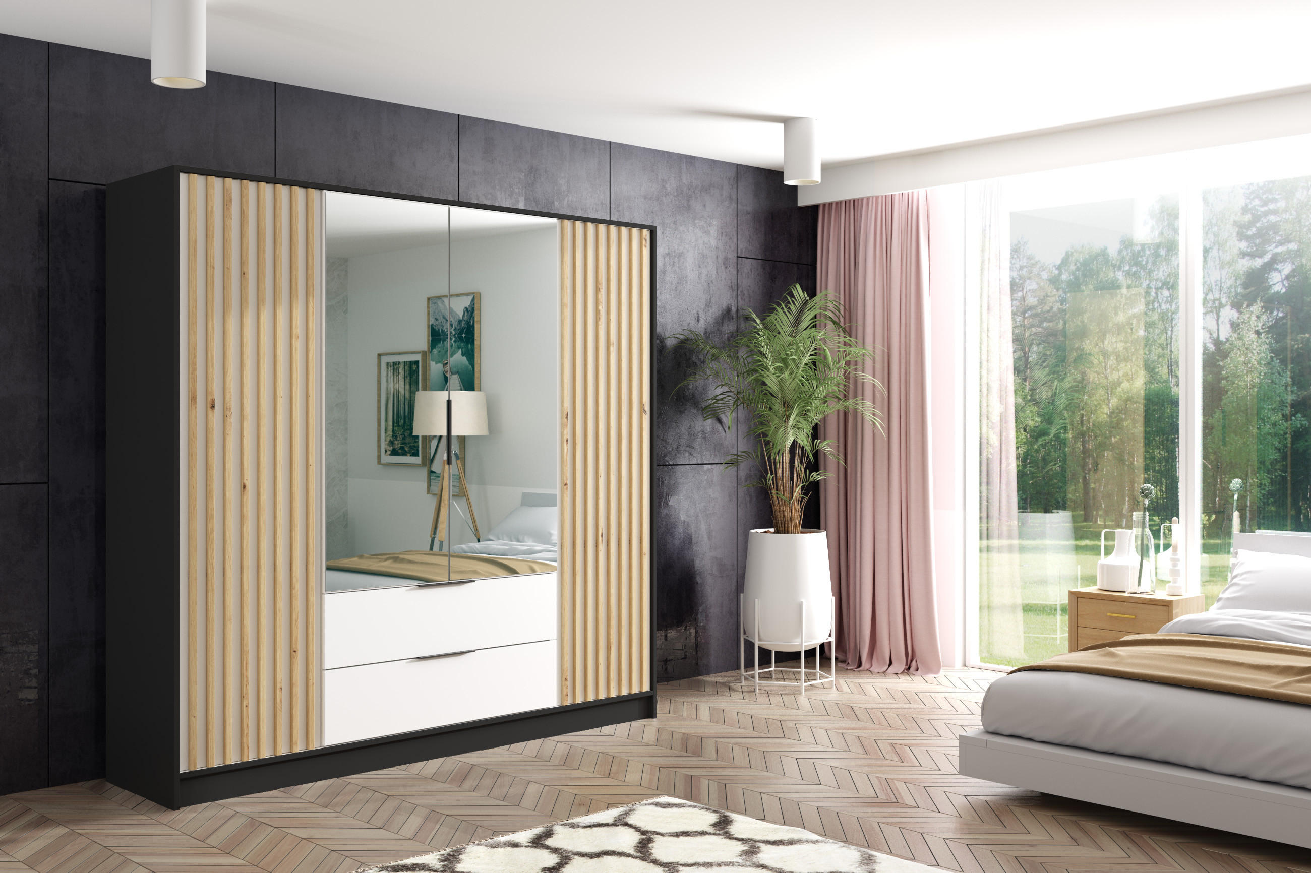 KLEIDERSCHRANK NERA - 200 cm - Schwarz|Weiß|Eiche Artisan - Schwarz/Weiß, Holzwerkstoff (200/200/51cm) - ALTDECOR