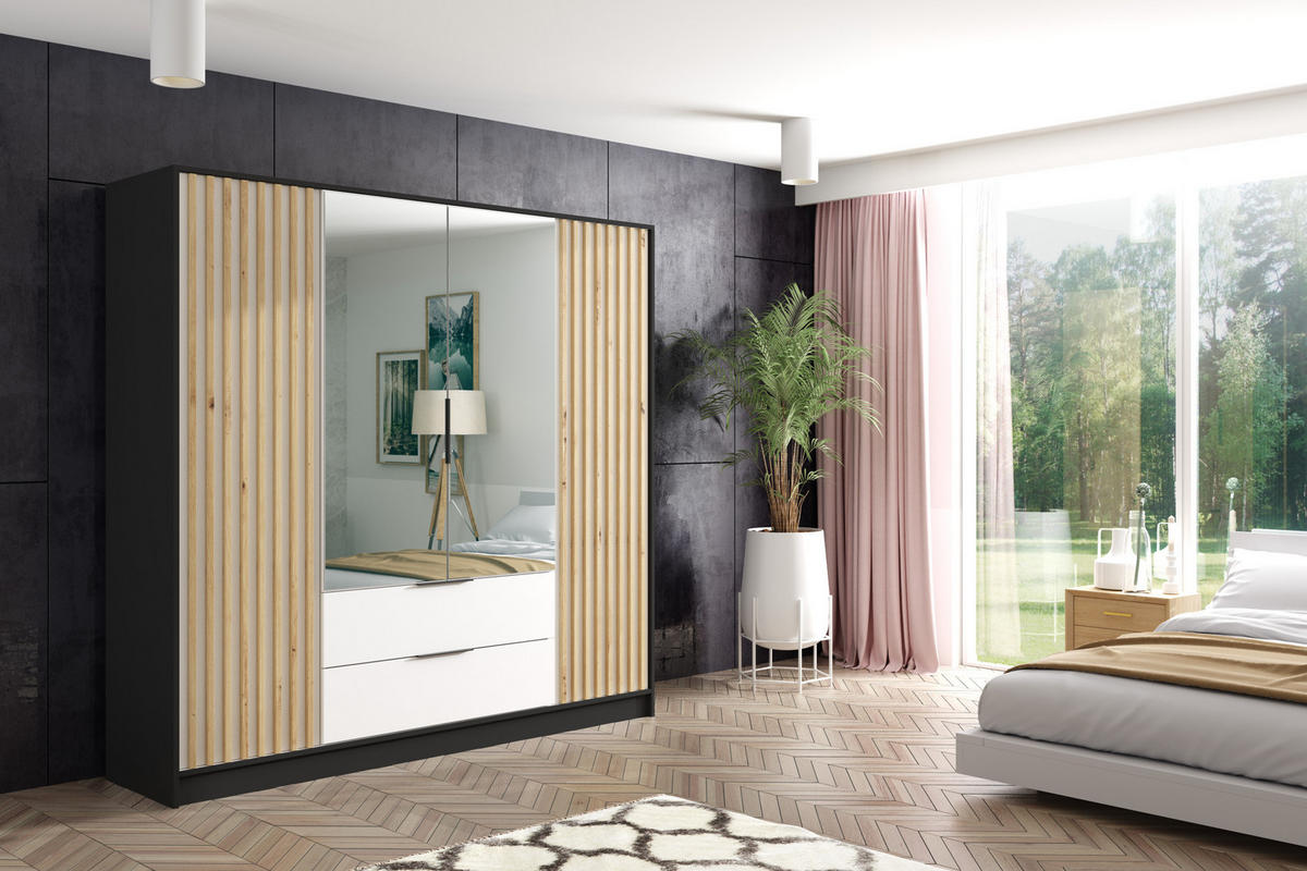 KLEIDERSCHRANK NERA - 200 cm - Schwarz|Weiß|Eiche Artisan - Schwarz/Weiß, Holzwerkstoff (200/200/51cm) - ALTDECOR