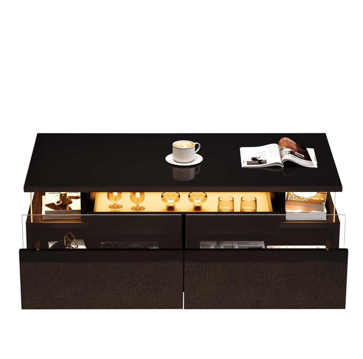 COUCHTISCH 90/45/35,5 cm mit LED-Beleuchtung, herausnehmbarem Tablett und 2 Schubladen, Hochglanz mit Hartglas, Schwarz - Schwarz, Holzwerkstoff (90/45/35.5cm) - Redom