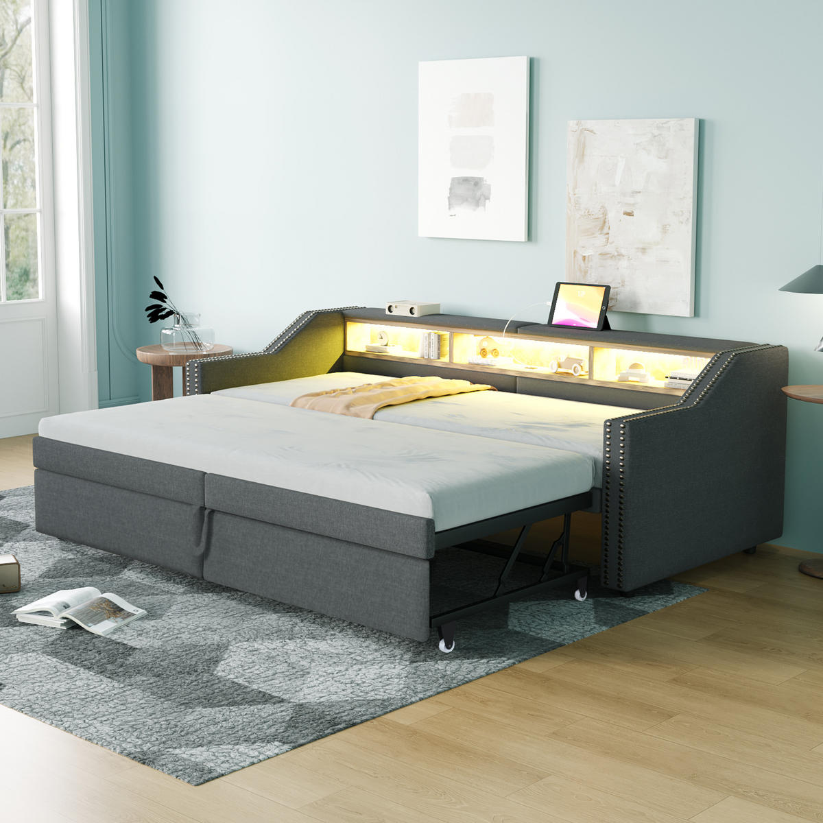 POLSTERBETT 90/180x200 cm LED USB grau - Dunkelgrau, Textil (180/200cm) - LEBENLANG