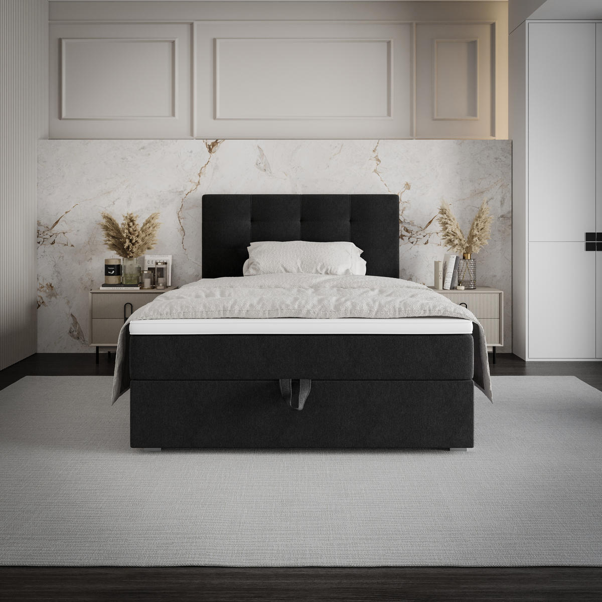 BOXBETT FADO 11 120x200, mit Matratze H3, Bonell und Topper, Cosmic 100 - Schwarz, Holz/Kunststoff (120/200cm) - Bedante