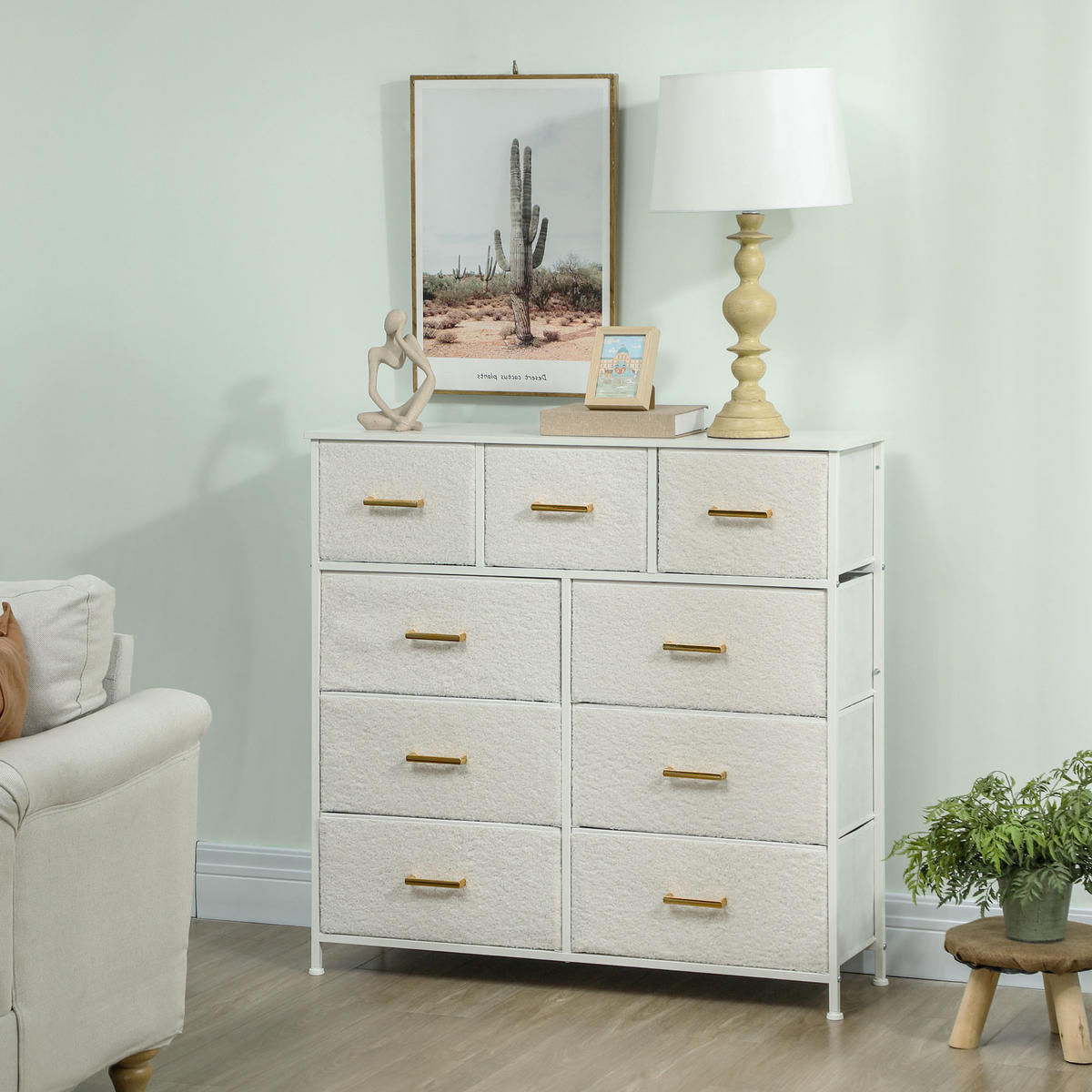 KOMMODE Sideboard mit 9 Stoffschubladen, Schubladenschrank mit Arbeitsplatte - Weiß, Karton (30/99/100cm) - HOMCOM