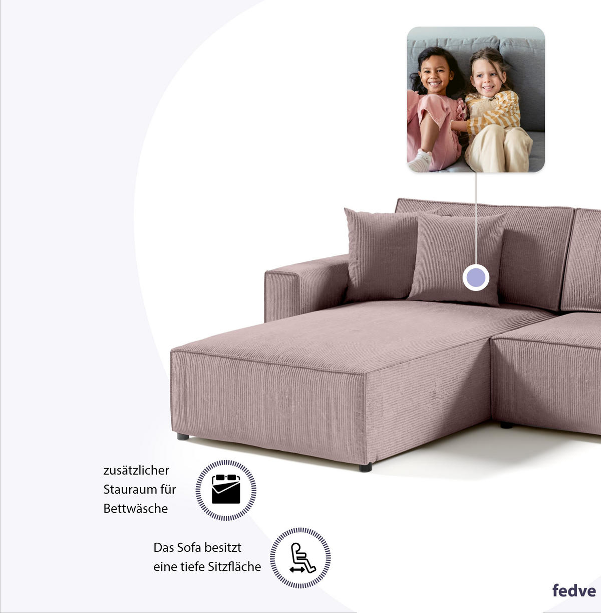 ECKSOFA Couch Sofagarnitur Sekwana L-form Rosa - Pink, Naturmaterialien (294/185cm) - Fedve