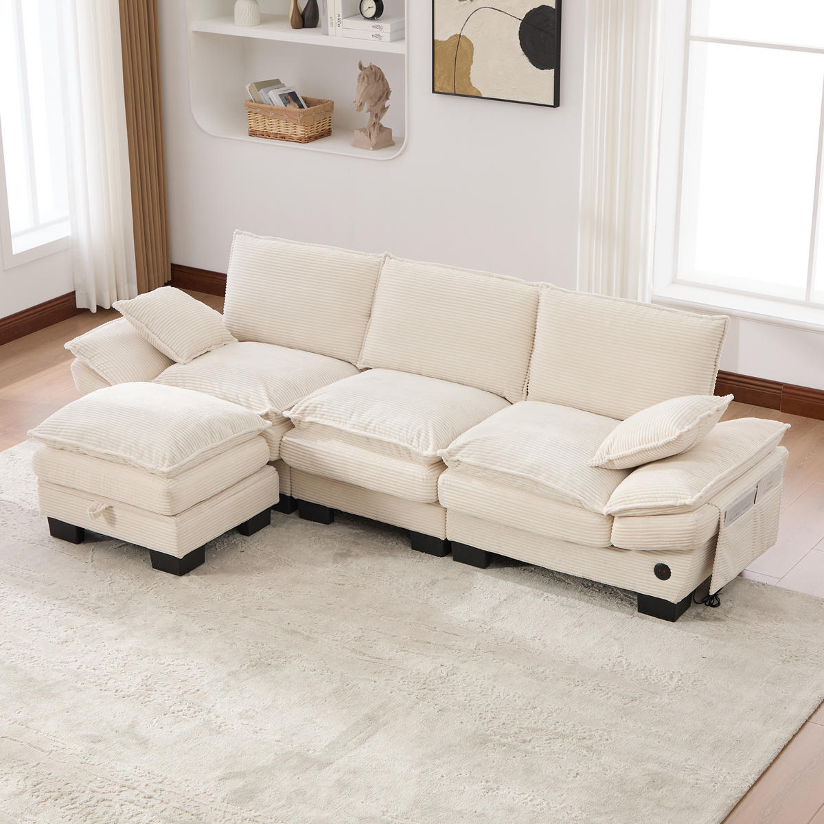 3-SITZER SOFA Cord Beige mit Hocker, USB-C und Seitentaschen - Beige, Holzwerkstoff/Kunststoff (260/132cm) - WISHDOR