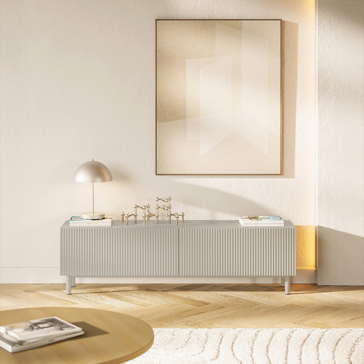 TV stolík Veldio New Greige 140/46/32 cm - taupe, kov/kompozitné drevo (140/46.5/31.6cm) - Selsey
