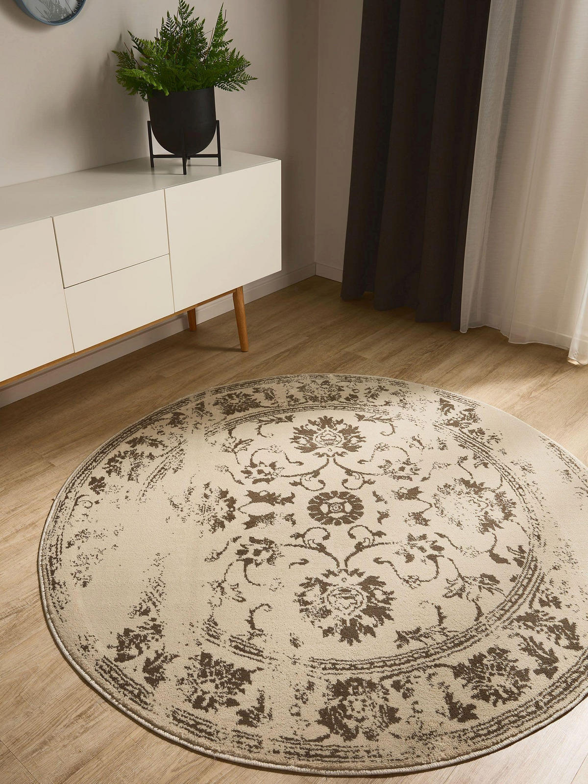 VINTAGE-TEPPICH Suki ø 160 cm rund - Creme/Braun, Kunststoff (160/160cm) - benuta