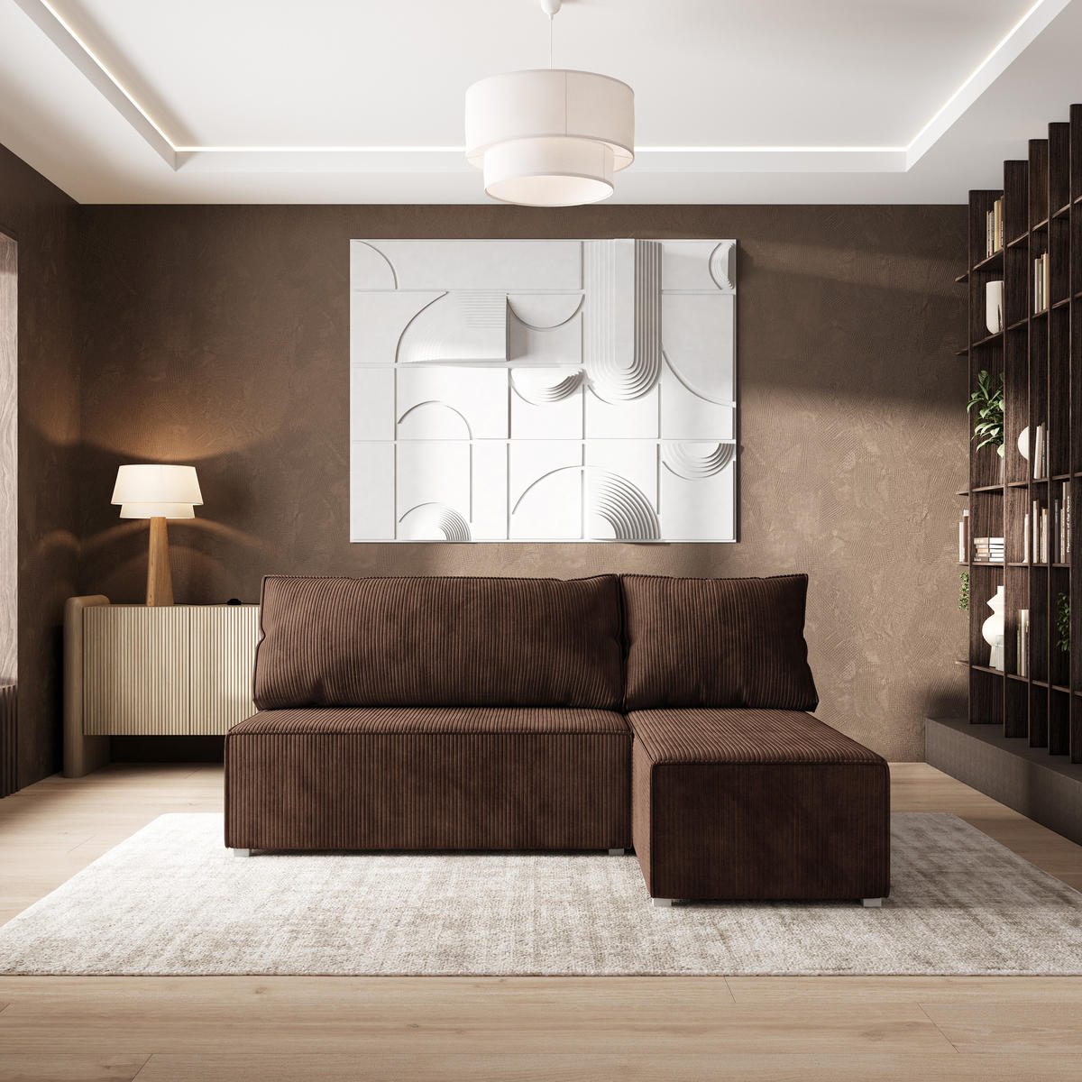 ROHOVÁ SEDAČKA BRISO hnědá - šedá/hnědá, dřevo/textil (200/140cm) - MASSENO