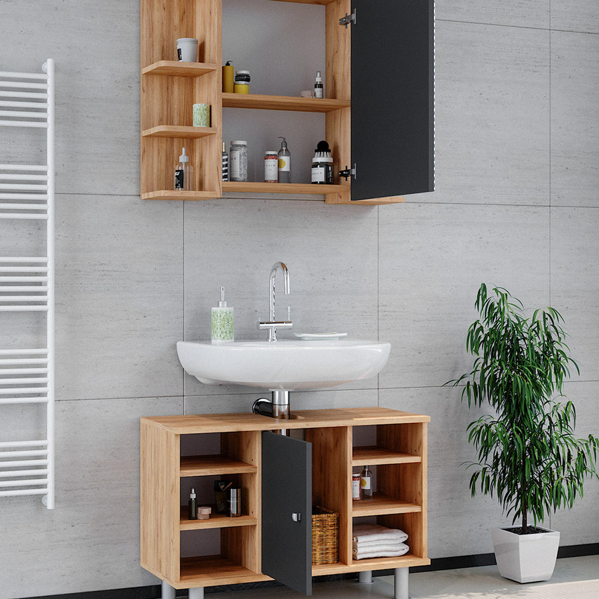 BADMÖBEL-SET Fynn Goldkraft Eiche 2 Teile, Unterschrank 80 cm - Anthrazit/Eiche Wotan, Holzwerkstoff (60/54/32cm) - Vicco