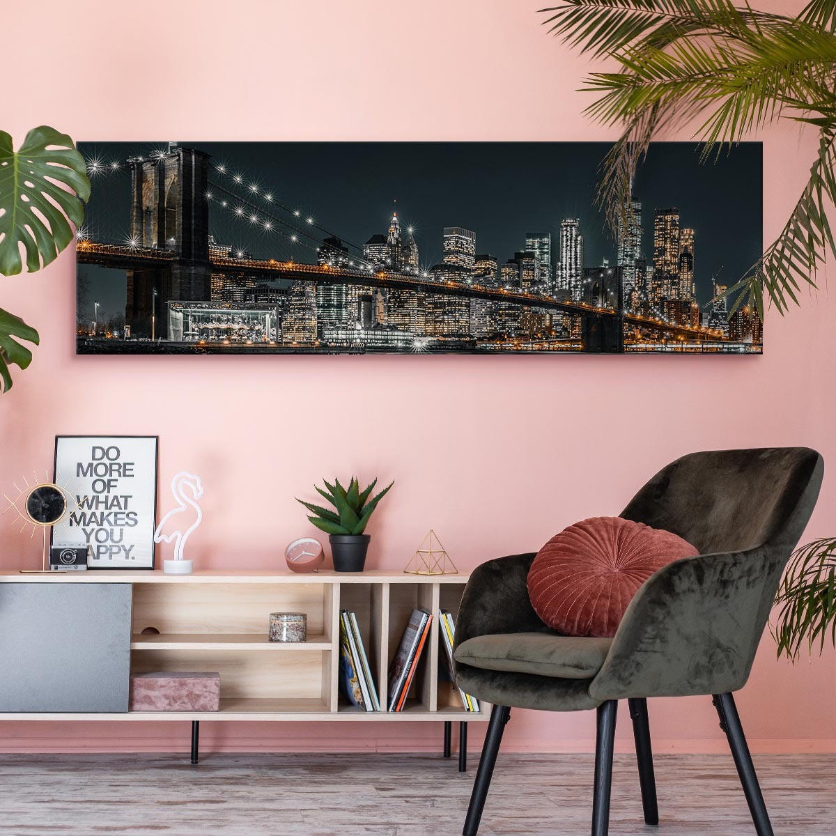 PANORAMABILD New York bei Nacht Architektur 3D 145x45cm - Blau/Beige, Textil (145/45cm) - Muralo