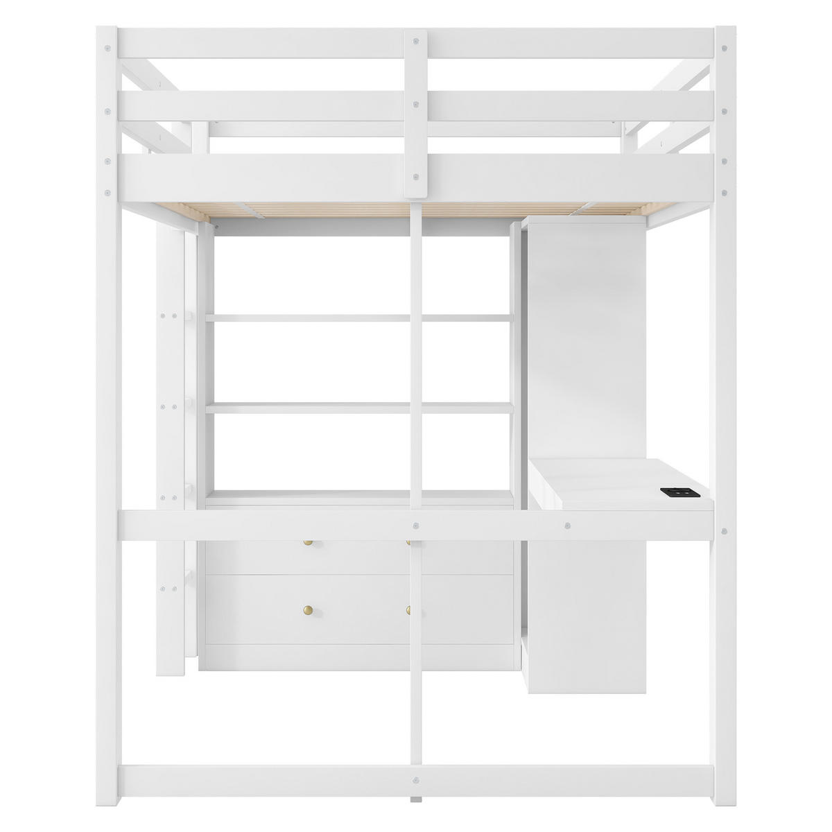 HOCHBETT 140/200 cm in Weiß mit 2 Schubladen, Regal, LED und USB Massivholz & MDF - Weiß, Holz/Holzwerkstoff (140/200cm) - CHICFURN