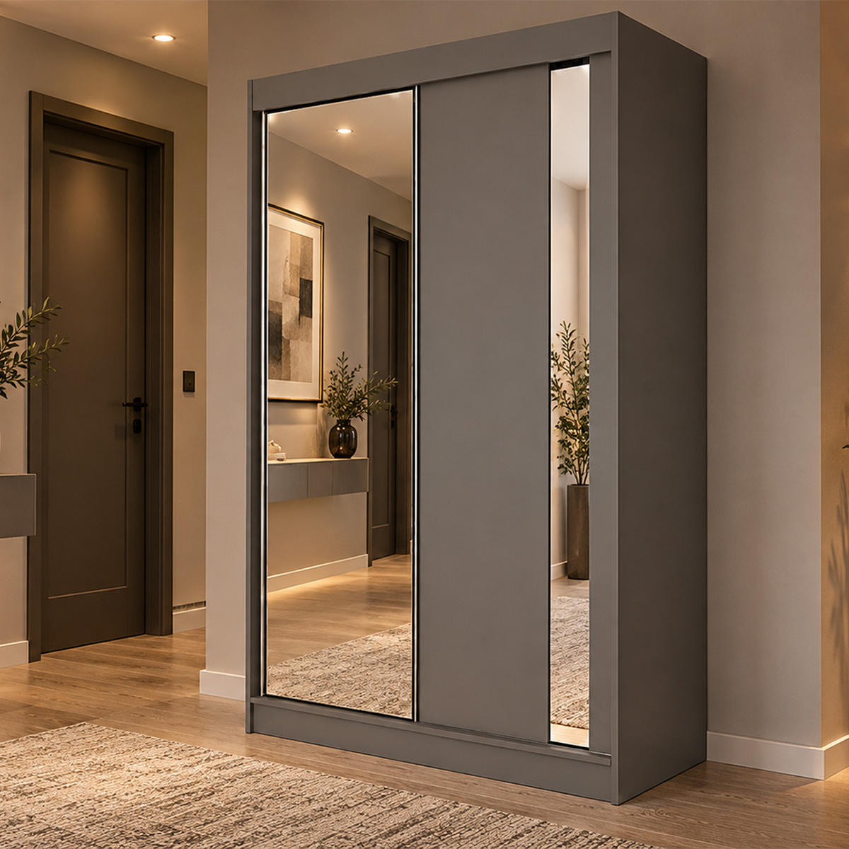 KLEIDERSCHRANK Gloria 120 cm Graphit Spiegel 2 Schubl. Griffe silber - Graphitfarben, Holzwerkstoff (120/216/61cm) - KS Home Concept