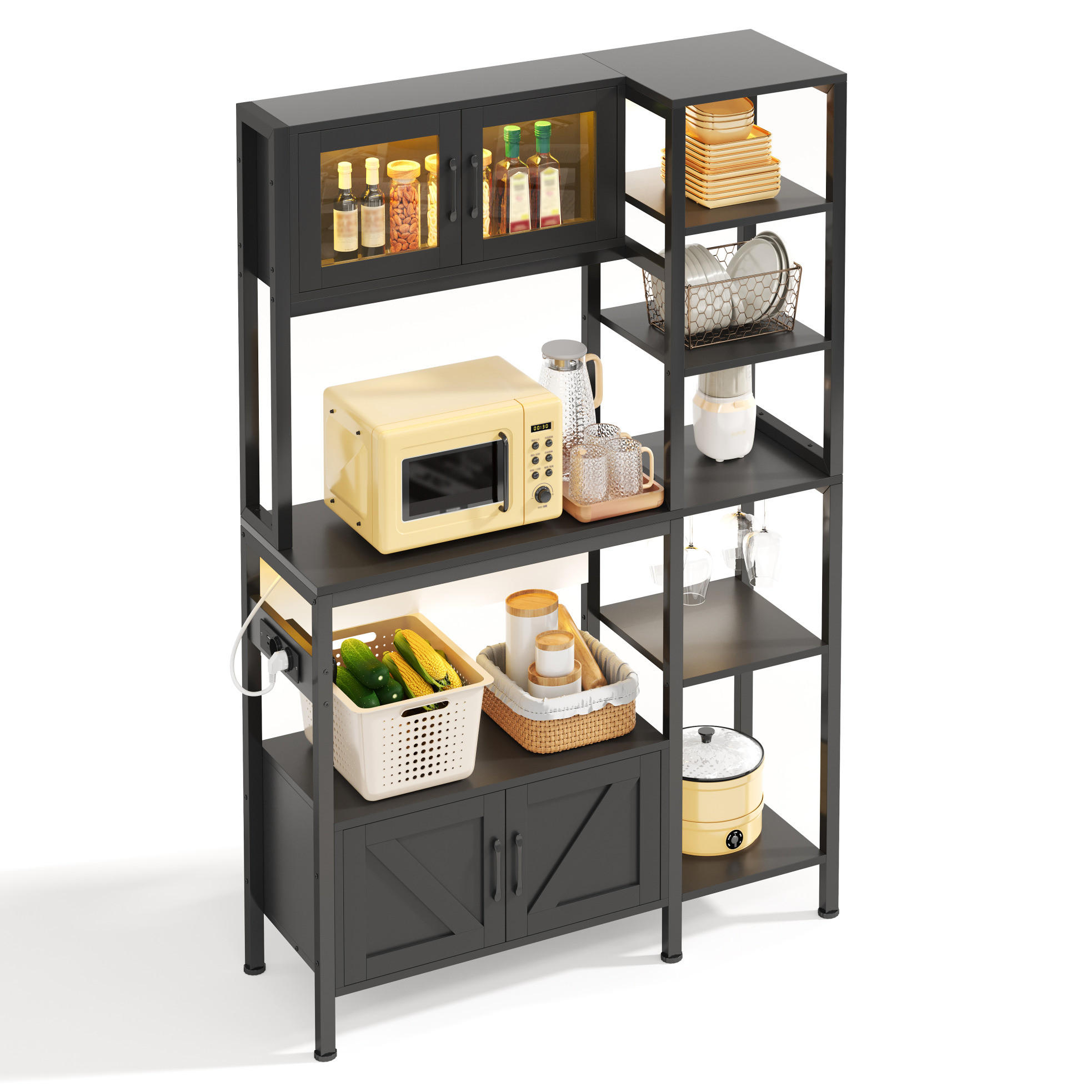 BUFFET aus MDF und Stahl 40x115x180 cm Schwarz mit LED-Leiste, Steckdosenmodul und viel Stauraum - Schwarz, Holzwerkstoff (115/180/40cm) - Modfu