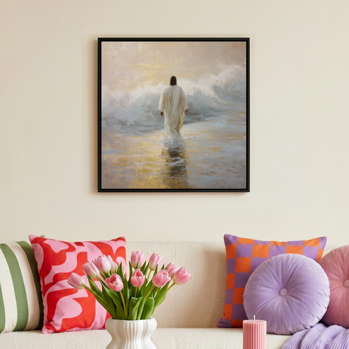 LEINWAND Bilder mit Rahmen - Gemälde - Welle - Jesus - Abstrakt - 50x50 - Goldfarben, Textil (50/50cm) - MuchoWow