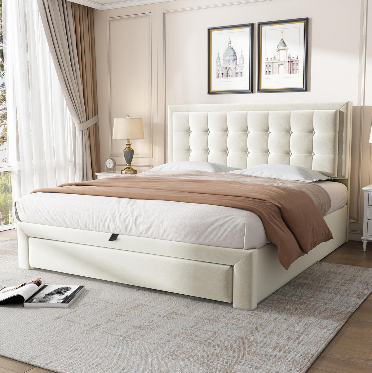 POLSTERBETT 140/200 cm aus Samt mit höhenverstellbarem Kopfteil und Stauraum Beige - Beige, Textil (140/200cm) - Modenvie